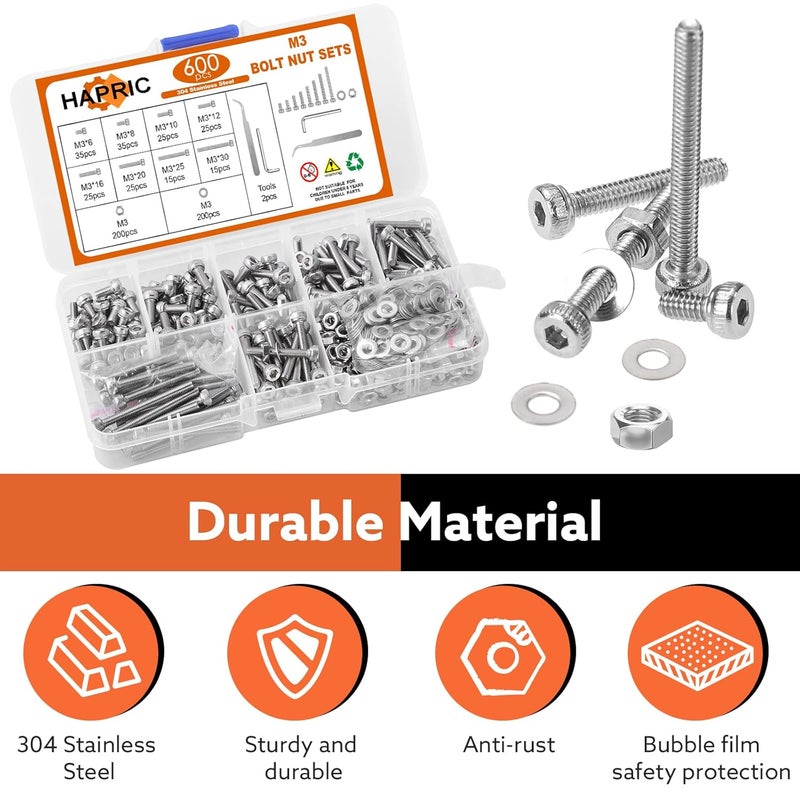 Hapric 600 Pcs M3 Screws Assortment Kit Metric Screw Kits Nuts and Bolts Assortment Kit M3 x 6mm /8mm /10mm /12mm /16mm /20mm /25mm/30mm Metric Machine Screw Kit (304 Stainless Steel Hex Socket Head) - Image 4